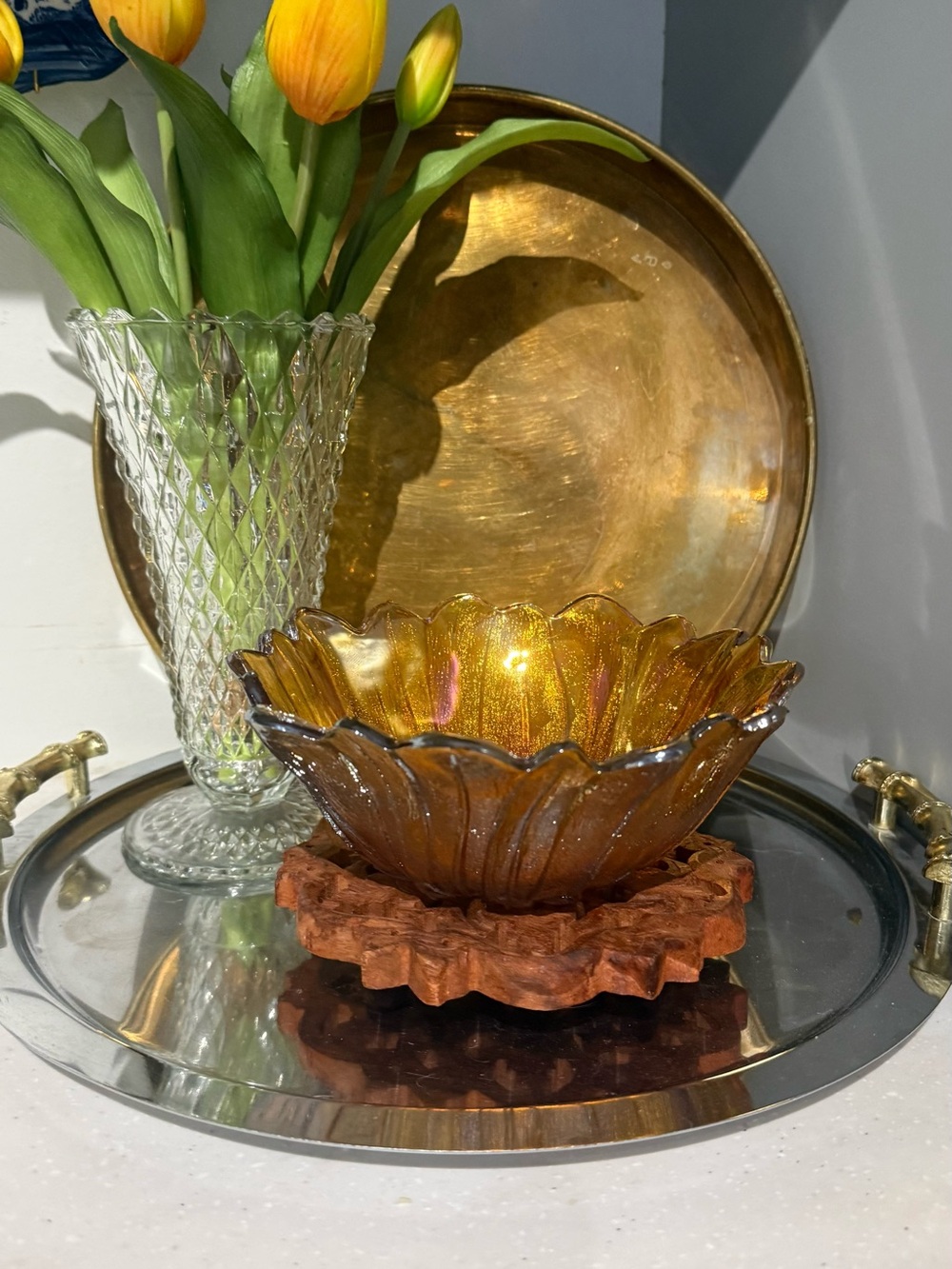 Amber Iridescent Scalloped Glass Bowl